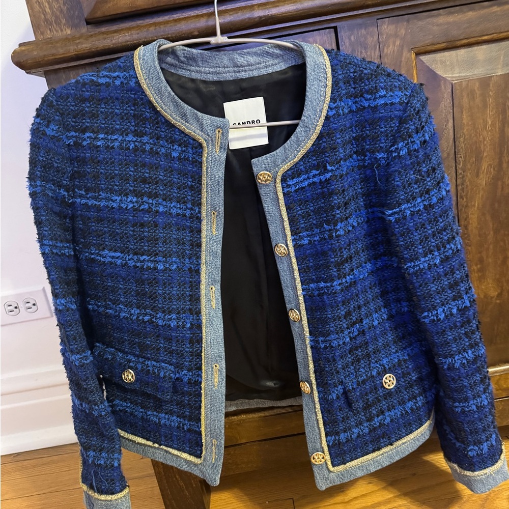 Sandro Blue and Black Tweed Blazer with Gold Accents